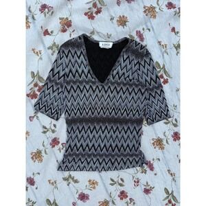 Vintage A Byer Stretchy Mesh Top Large Black Silver Metallic Zig Zag Chevron Y2K